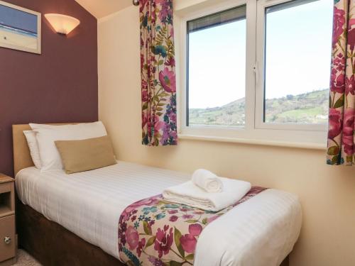 a bedroom with a bed and two windows at Chalet Log Cabin L15 in Ilfracombe