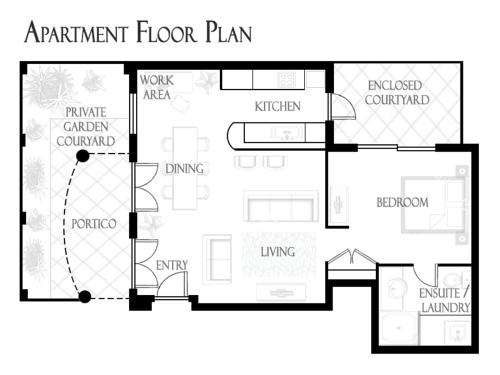 un plan de plancher noir et blanc de plan de plancher en aominium dans l'établissement Charming, Cosy, Classic Executive 1 Bedroom Apartment, à Perth