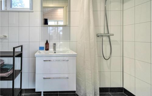 ein weißes Bad mit einem Waschbecken und einer Dusche in der Unterkunft Pet Friendly Home In Ugglarp With Wifi in Ugglarp