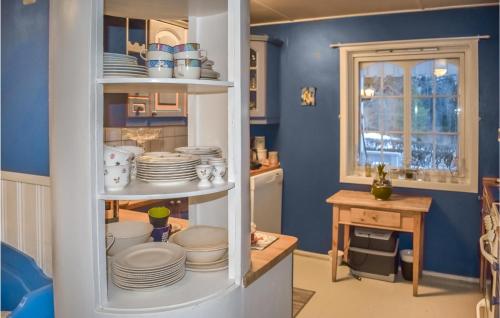 a kitchen with blue walls and a shelf with dishes at 3 Bedroom Nice Home In Lunde in Lunde