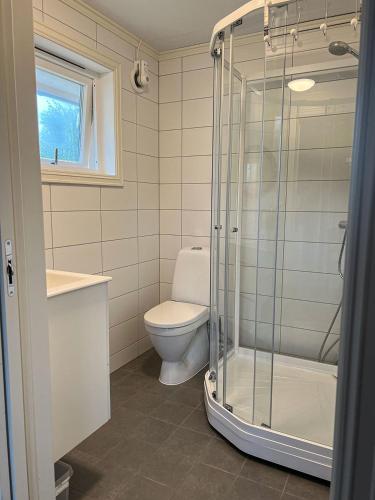 a bathroom with a toilet and a glass shower at Kabelvåg Feriehus & Camping in Kabelvåg