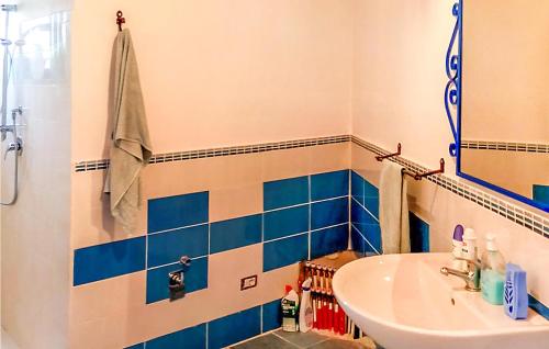 uma casa de banho com lavatório e azulejos azuis e brancos em 2 Bedroom Stunning Home In Oliena em Oliena