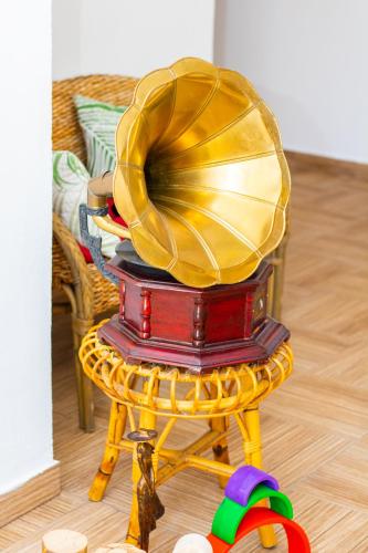 a table with a hat on top at Mai Danube in Eşelniţa