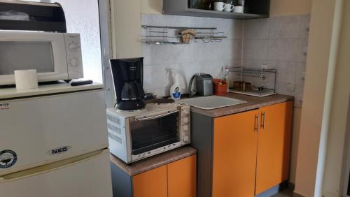una pequeña cocina con microondas y nevera. en Къща за гости Алекс, en Sinemorets