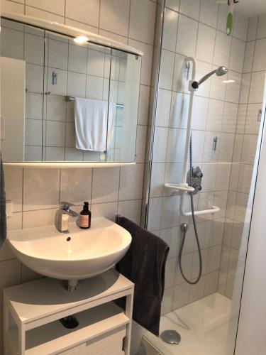 uma casa de banho com um lavatório e um chuveiro em Appartement Stuttgart Messe & Flughafen em Leinfelden-Echterdingen