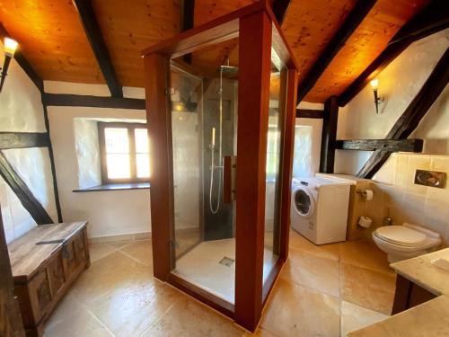 ein Bad mit einer Dusche und einer Waschmaschine in der Unterkunft Fewo WAFFENKAMMER für 7 Erw im Rittergut Leppersdorf in Wachau