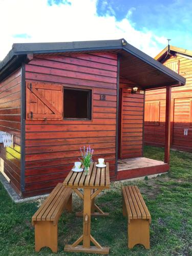 a wooden cabin with a picnic table and benches at Camping Gran Sol in Montferrer