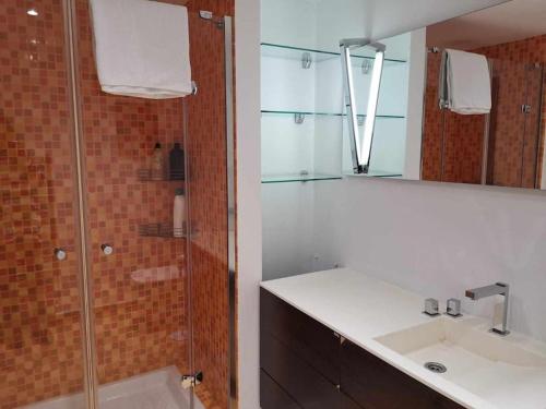 een badkamer met een douche, een wastafel en een spiegel bij Alojamiento Cortes de Aragón, centro Jaca, wifi in Jaca