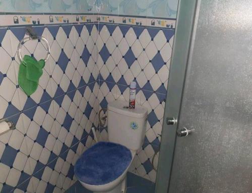 a bathroom with a toilet with a blue toilet seat at Apartment bien equipee acasa in Casablanca