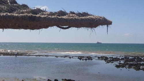 a beach with a straw roof and the ocean at Appartement avec piscine in Mohammedia