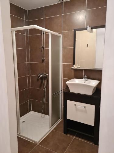 une salle de bain avec douche et lavabo dans l'établissement Maison au Bord de l'Océan, à Mimizan