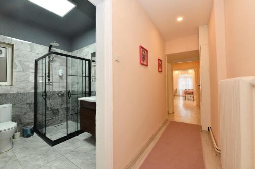 a bathroom with a shower and a toilet at SVM SUİTES in Istanbul