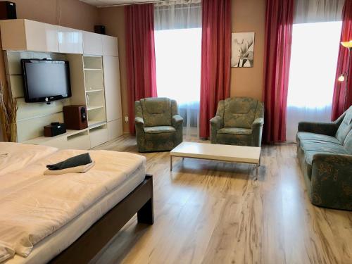 a living room with a bed and two chairs and a tv at Pension Village in Karlovy Vary