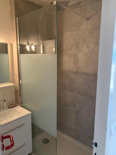 une salle de bain avec une douche avec une porte vitrée dans l'établissement Superbe appartement à Canet en Roussilon avec vue sur mer et montagne, à Canet