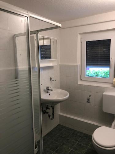 a bathroom with a sink and a toilet and a window at Ruhige Monteurwohnung in Werder in Plötzin