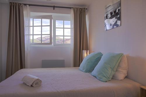 ein Schlafzimmer mit einem Bett mit zwei Kissen und einem Fenster in der Unterkunft L'ORANGERIE 3* VUE IMPRENABLE in Cambo-les-Bains