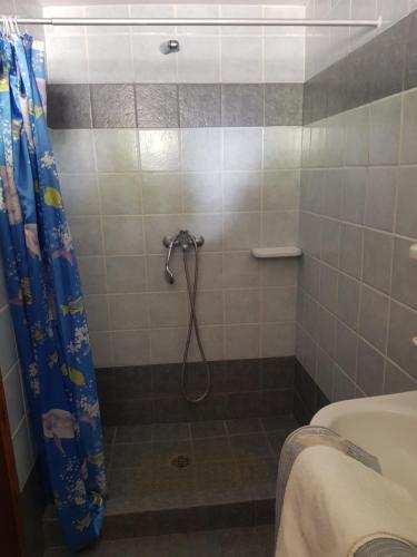 a bathroom with a shower with a shower curtain at Kaiti Studios 1 in Koukounaries