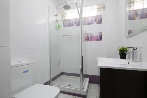 y baño con ducha, aseo y lavamanos. en Apartment Capuchinos, en Málaga