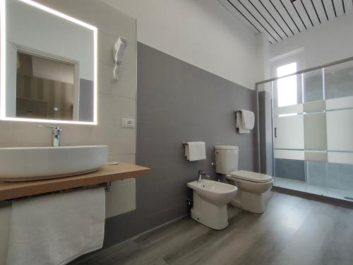 a bathroom with a sink and a toilet and a mirror at Hotel Vittoria in Genova