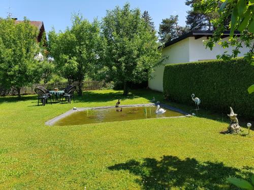 a small pond in a yard with birds in it at Ferienwohnung Trattler in Chieming