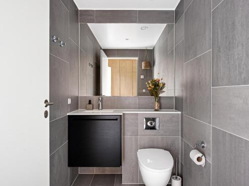 a bathroom with a toilet and a sink and a mirror at Sanders Pier - Fantastic 3-Bedroom Townhouse with Balcony Terrace in Copenhagen
