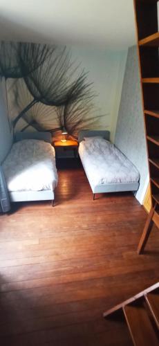two beds in a room with a wooden floor at Maison du Moulin Galuzot in Saint-Vallier
