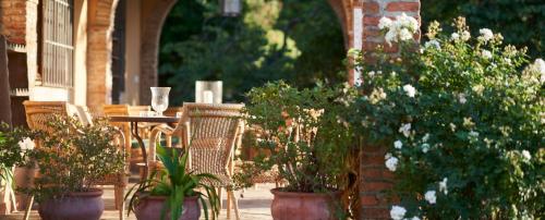 een tafel met stoelen en potplanten op een patio bij Lagar La Pizarra Casa Rural in Trujillo