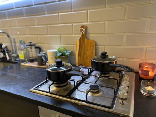two pots on a stove top in a kitchen at Shoreditch Cosy Flat, next to Van Gogh exhibition in London