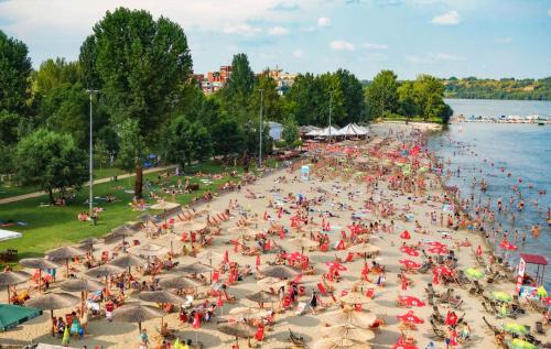 una multitud de personas en una playa con sombrillas en Blue Danube Free publlic parking, en Novi Sad