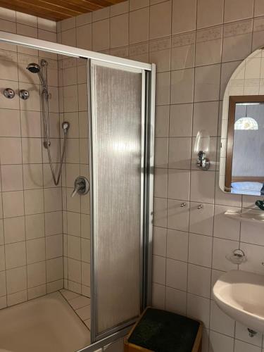 La salle de bains est pourvue d'une douche et d'un lavabo. dans l'établissement Doppelzimmer Nr 5, à Freiensteinau