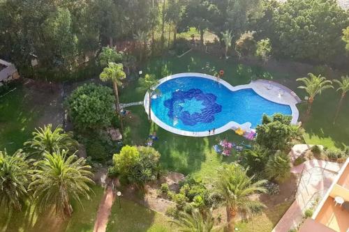 una vista sul soffitto di una piscina in un cortile con palme di klimatyczny loft i egzotyczny basen a Benalmádena