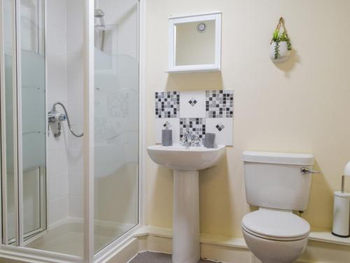 y baño con aseo, lavabo y ducha. en Sovereign House, en Milford Haven