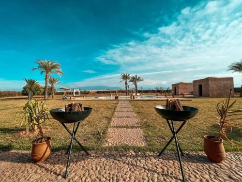 un gruppo di tre lavandini neri seduti in un campo con palme di Villa d'Orient a Marrakech