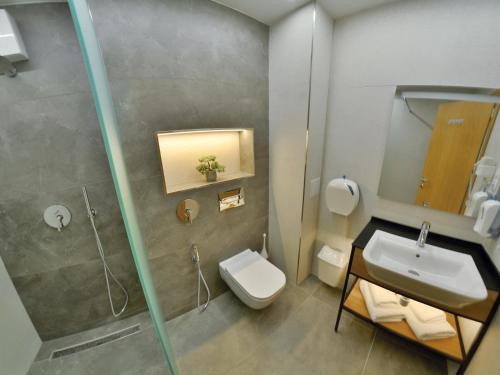a bathroom with a toilet and a sink and a shower at Apartment OneClickRenrt Oasis in Chişinău