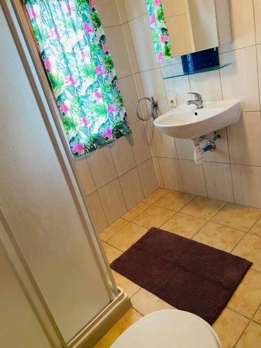 a bathroom with a shower and a sink and a toilet at Zielona Przestrzeń in Polańczyk