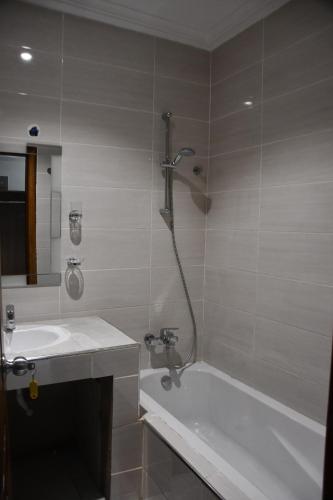 a bathroom with a shower and a tub and a sink at Raffin Royal Lodge 