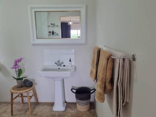 Baño blanco con lavabo y espejo en Clivedon Cottage, en Sunland