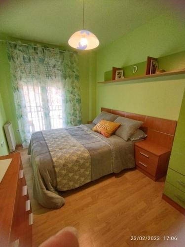 a green bedroom with a bed and a window at Piso JS in Ourense