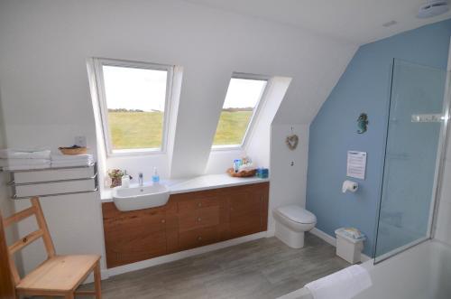 a bathroom with a sink and a toilet and a shower at Aurora Bed & Breakfast in Castletown