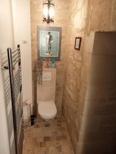 une salle de bain avec toilettes et un tableau au mur dans l'établissement la tour du fauconnier, à Doué-la-Fontaine