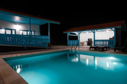 a swimming pool at night with a house at Vila Mavis-cazare cu piscina incalzita 1 mai-30 sept in Mahmudia