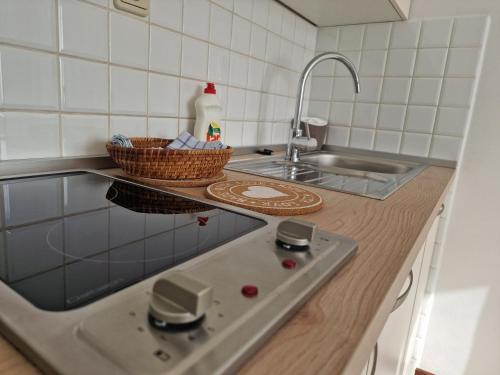 eine Küchentheke mit einer Spüle und einem Korb darauf in der Unterkunft Apartments Katarina - New renovated in Rovinj