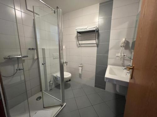 a bathroom with a shower and a toilet and a sink at Hotel am Stern Uelzen in Uelzen