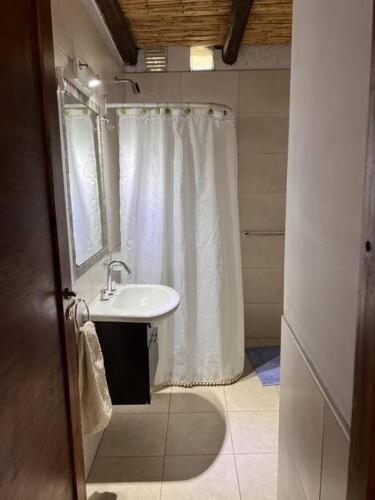 a bathroom with a sink and a shower curtain at Cabaña Chacras de Caro in Chacras de Coria