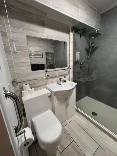 a bathroom with a toilet and a sink and a shower at Edge of Glastonbury and Street - Large Ground Floor 3 BD With Parking, 4 Single and 1 Double Bed in Street