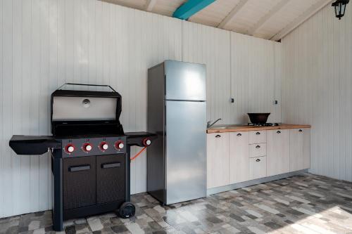 a kitchen with a stove and a refrigerator at Vila Mavis-cazare cu piscina incalzita 1 mai-30 sept in Mahmudia