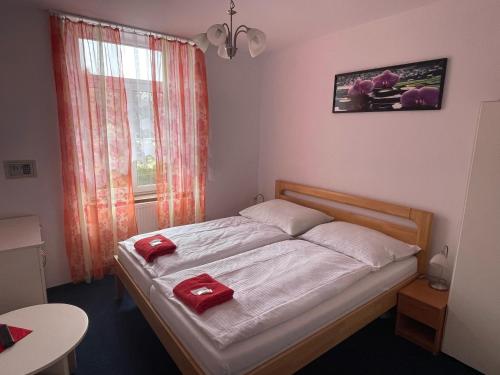 a bedroom with a bed with two red pillows on it at Hotel V Pivovaře Davle in Davle