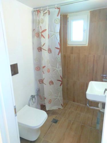 a bathroom with a shower curtain with a toilet and a sink at IOKASTI STUDIOS 5 in Andros