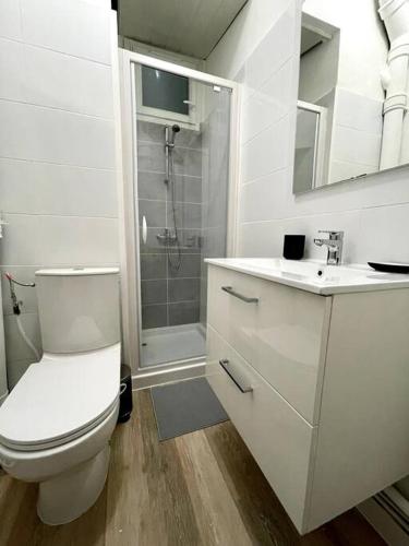 une salle de bain blanche avec toilettes et douche dans l'établissement Studio Place Castellane, à Marseille