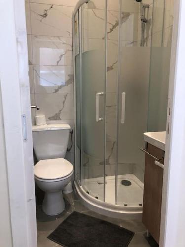 une salle de bain avec toilettes et douche en verre dans l'établissement Charmant studio à 2 pas de Monaco., à Beausoleil